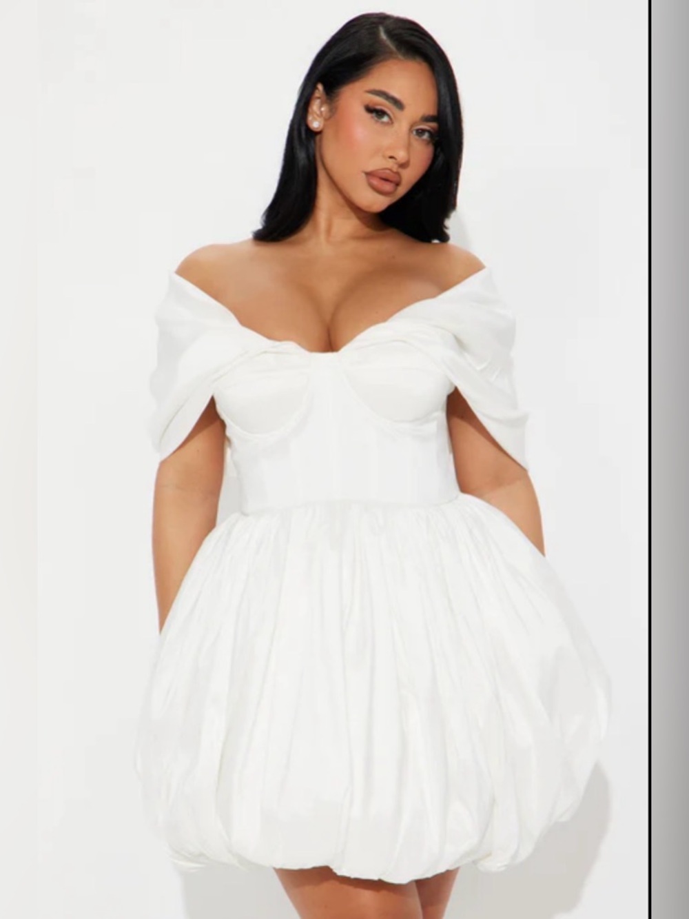 Fashion Nova White Satin Bodycon Puffy Sleeve Dress Size M